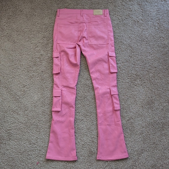 Valabasas Pink Stacked Banjo Rose Faux Leather Flare Jeans Size 32 - Picture 6 of 15